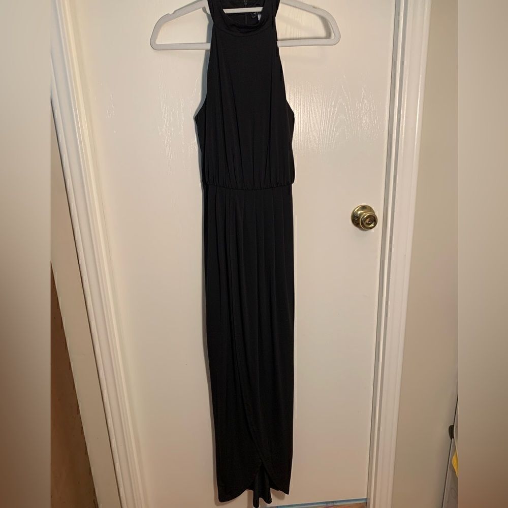 Venus EUC black high collar sleeveless faux wrap style maxi dress Size Small